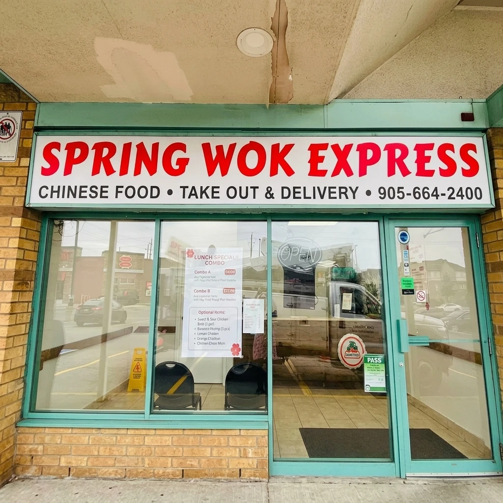 Spring Wok Express Chinese restaurant storefront on Highway 8 in Stoney Creek