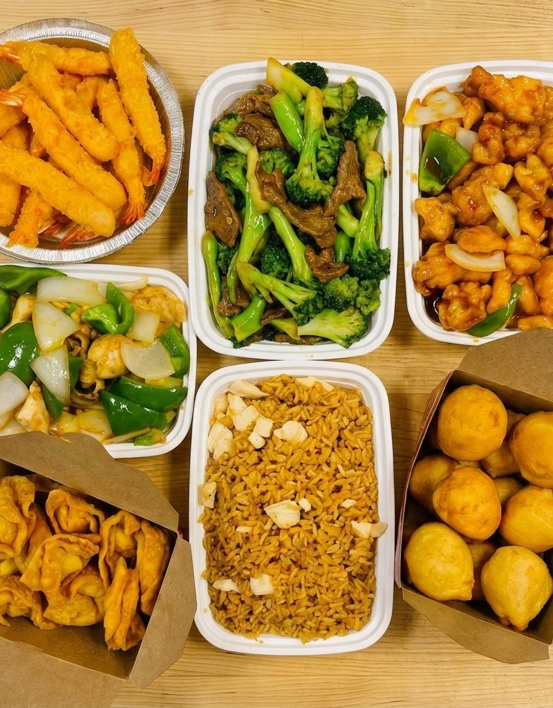 Chinese takeout dishes from Spring Wok Express - overhead spread of combo containers, Stoney Creek
